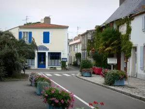 Isola di Noirmoutier - Noirmoutier en l'Ile: strada fiancheggiata da fiori e case in città