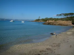 Isola di Porquerolles - Spiaggia, mare Mediterraneo con le barche, costa selvaggia dell'isola e alberi