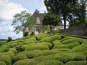 Jardines de Marqueyssac - Boj, árboles, el castillo y las nubes en el cielo, en el valle de Dordoña, en el Périgord