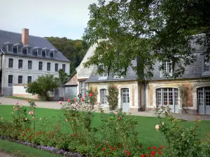 Jardins de Valloires - Rosiers (roses), fleurs, pelouse et bâtiments