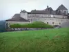Joux castle - Grass in foreground and fortress (fort), in Cluse-et-Mijoux