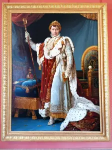 Kasteel van Malmaison - Binnen in het kasteel, museum: portret van Napoleon I in kroningskostuum