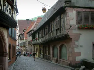 Kaysersberg - Geplaveide straat met oude huizen met houten zijkanten