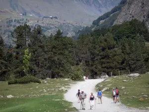 Keteldal van Gavarnie - Wandelaars op het pad aan de voet van het circus, bomen en bergen op de achtergrond, in de Pyreneeën Nationaal Park