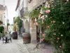 Labastide-d'Armagnac - Blühende Kletterrose, Häuser und Caféterrasse des Platzes Royale