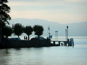 Lac Léman - Lac, rive de Meillerie avec arbres, drapeaux et lampadaires dans l'ombre, montagnes en arrière-plan