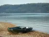 Lac de Paladru - Barque posée sur la rive, plan d'eau (lac naturel d'origine glaciaire) et colline boisée en arrière-plan