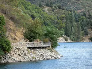 Lac de Villefort - Retenue d'eau et rive montagneuse plantée d'arbres ; dans le Parc National des Cévennes