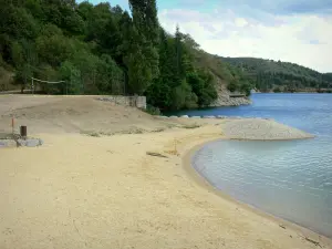 Lac de Villefort - Plage de sable, retenue d'eau, et arbres au bord de l'eau