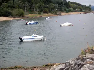 Lago de Pareloup - Meseta Lévézou: Barcos que flotan en la retención de agua y la orilla boscosa