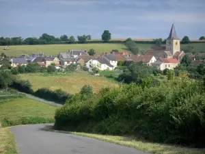Landscapes of Burgundy - Villlage of Sémelay with its houses and the bell tower of the Saint-Pierre church, and road lined with fields