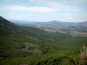 Landscapes of the Corsica coast - Hill covered with scrubland with view of the Balagne region and sea