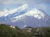 Landscapes of Dauphiné - Village surrounded by trees and dominated by a snow-capped mountain