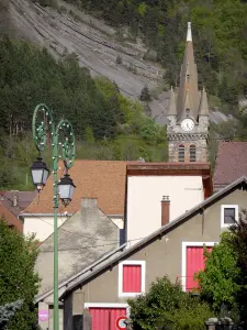 Landscapes of Dauphiné - Corps village: bell tower of the church, houses, lamppost, trees and mountains