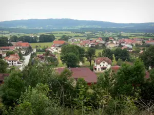Landscapes of the Doubs - Houses of the village of Goux-les-Usiers surrounded by trees and prairies