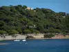 Landscapes of the French Riviera coast - Pine forest, villas, the Mediterranean Sea and boats