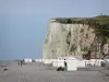 Landscapes of Picardy - Chalk cliff, beach huts, pebbles and villas of the seaside resort of Mers-les-Bains