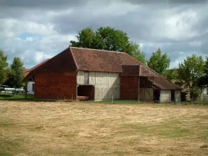 Landschaften der Aube - Scheune aus Backstein und Fachwerk zu einer Weide hin liegend, Bäume und bewölkter Himmel