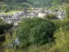 Landschappen van de Aveyron - Lot Valley: uitzicht op het middeleeuwse stadje Sainte-Eulalie d'Olt aan de rivier de Lot, in een groene