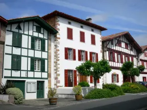 Landschappen van de Baskenland - Typische huizen met rode en groene onderdelen van het Baskische dorp Ainhoa
