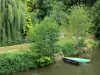 Landschappen van de Deux-Sèvres - Sèvre Niortaise (kust-rivier), afgemeerde boten, en de bank met bomen in het moeras (natte moeras)