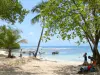 Landschappen van Guadeloupe - Little Haven strand op het eiland Grande - Terre, in het centrum van Gosier strand in de schaduw van de bomen met uitzicht op de zee en de boten