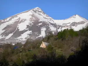 Landschappen van de Hautes-Alpes - Devoluy Massif: huizen omgeven door bomen en bezaaid met bergen sneeuw