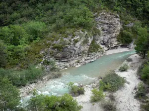 Landschappen van de Hautes-Alpes - Gorges Meouge: River Meouge, struiken, bomen en rotswand