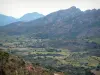 Landschappen van het Corsicaans hinterland - Cervicale Marsolino, met uitzicht op een vallei bezaaid met bomen en omringd door bergen