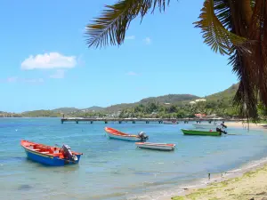 Landschappen van Martinique - Caravelle schiereiland: Baai van Tartane met zijn ponton en kleine kleurrijke vissersboten