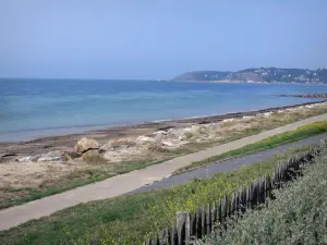 Landschappen van Normandië - Bloemen, strand en de boulevard Barneville-Carteret (Barneville-bereik) met uitzicht op zee (het Kanaal), de haven en badplaats Cape Carteret