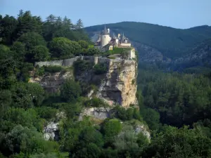 Landschappen van de Quercy - Belcastel kasteel op een klif, en bos bomen in de vallei van de Dordogne