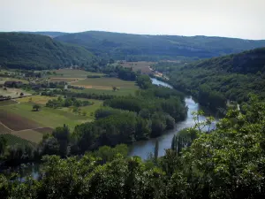 Landschappen van de Quercy - De bomen in de voorgrond met uitzicht op de rivier (Lot), bomen aan de rand van het water, de velden en heuvels, in de Lot-vallei