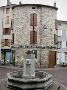 Langogne - Fontaine, façades de maisons et terrasse de café de la cité