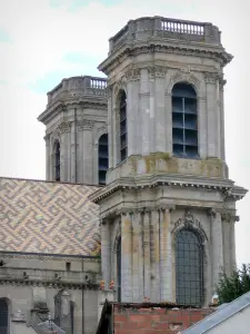 Langres - Techo de teja vidriada y las torres de la Catedral de San Mamas