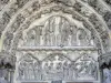 Laon - Notre-Dame cathedral of Gothic style: carved tympanum of the central portal of the west facade