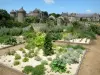 Lassay-les-Chateaux - Jardim medieval (jardim de solteiros), castelo de Lassay e casas da cidade ao fundo