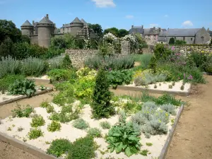Lassay-les-Châteaux - Medieval garden (herb garden), Lassay castle and houses of the town in the background