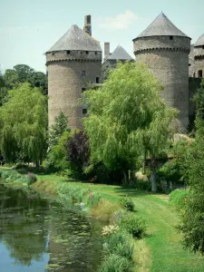 Lassay-les-Châteaux - Towers of the Lassay castle, weeping willows standing by the lake