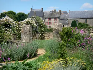 Lassay-les-Châteaux - Flowers of the medieval garden, Notre-Dame-du-Rocher chapel and houses of the town in the background