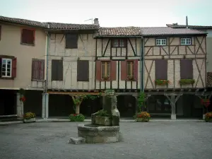 Lautrec - Halles square (main square) with wells, flowers, wooden pillars and brick-built half-timbered houses