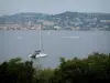 Lérins island - Sainte-Marguerite island: trees on the island in foreground with view of the sea, boats and the coast of the French Riviera