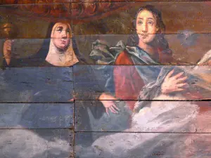 Lévignacq - Interno della chiesa di Saint-Martin: pittura che adornano il tetto in legno