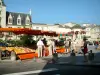 Libourne - Place Abel Surchamp square: market, fountain and facades of houses and Town Hall of Libourne 