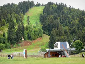 Le Lioran - Pistas de teleférico y el abeto de la estación de esquí de Lioran verano; en el parque natural regional de los Volcanes de Auvernia