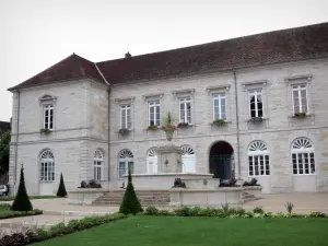 Lons-le-Saunier - Fassade des Rathauses, Brunnen Lions, gestutzte Sträucher und Rasen