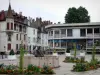 Lons-le-Saunier - Cisne Fuente y macizos de flores en lugar de el 11 de noviembre, y las casas de la ciudad