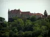 Loubressac - Castelo, campanário da igreja, casas e árvores da vila medieval, em Quercy