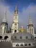 Lourdes - Domaine de la Grotte (santuari, città religiosa): cupola della Basilica di Nostra Signora del Rosario con una corona e una croce d'oro, torrette e il campanile della Basilica dell'Immacolata Concezione (Basilica Superiore) Gothic Revival