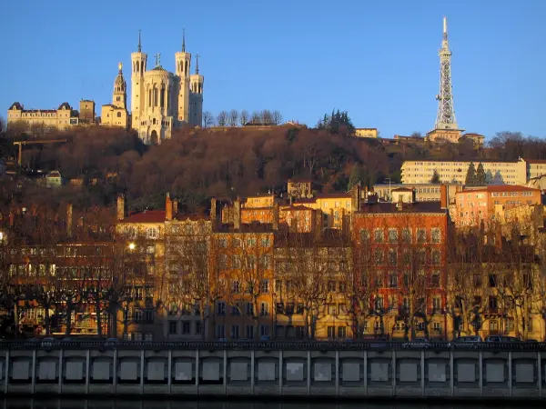 Lyon - Fourvière basilica and metal tower dominating houses with colourful facades in old Lyon